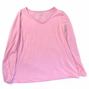 Anne Klein Small Pink Long Sleeve V-Neck Lace Trim Top S Tunic Jersey